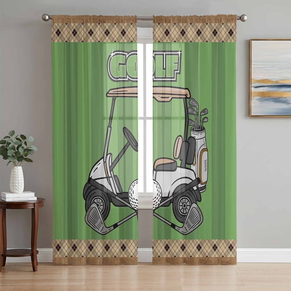 Sheer Curtains 84 Inches Long, Golf Balls Light Filtering Window Curtains for Living Room/Bedroom, Green Sports Art Truck Brown Lattice Rod Pocket Voile Sheer Curtain Drapes, 52"W x 84"L, 2 Panels