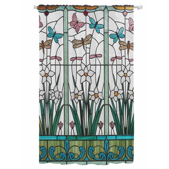 Sheer Curtains 84 Inches Long, Green Butterfly Flower Semi Sheer Curtains Light Filtering Window Treatment, Stained Glass Dragonfly Floral Plant Privacy Voile Drapes for Living Room 52x84 Inch