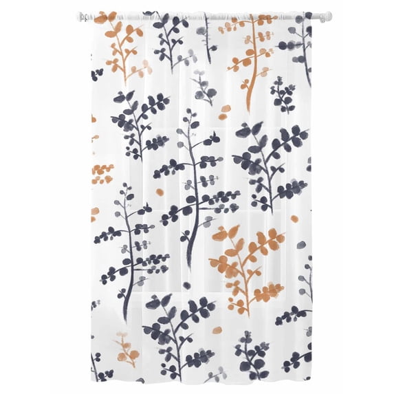 Sheer Curtains 84 Inches Long, Grey Orange Botanical Semi Sheer Curtains Light Filtering Window Treatment, Watercolor Spring Floral Summer Leaf Privacy Voile Drapes for Living Room 52x84 Inch