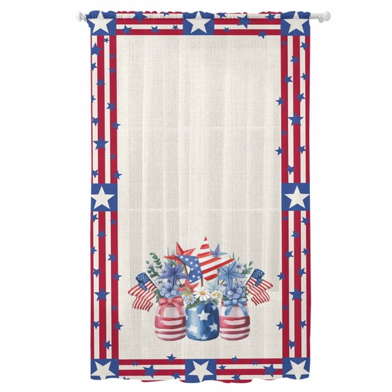 Sheer Curtains 84 Inches Long, Independence Day Semi Sheer Curtains Light Filtering Window Treatment, Red Blue Flowers Patriotic Star Stripes Privacy Voile Drapes for Living Room Bedroom 52x84 Inch