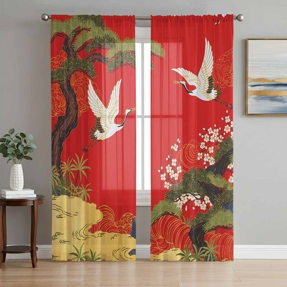 Sheer Curtains 84 Inches Long, Red Traditional Light Filtering Window Curtains for Living Room/Bedroom, Vintage Crane Pine Flowers Natural Rod Pocket Voile Sheer Curtain Drapes, 52"W x 84"L, 2 Panels