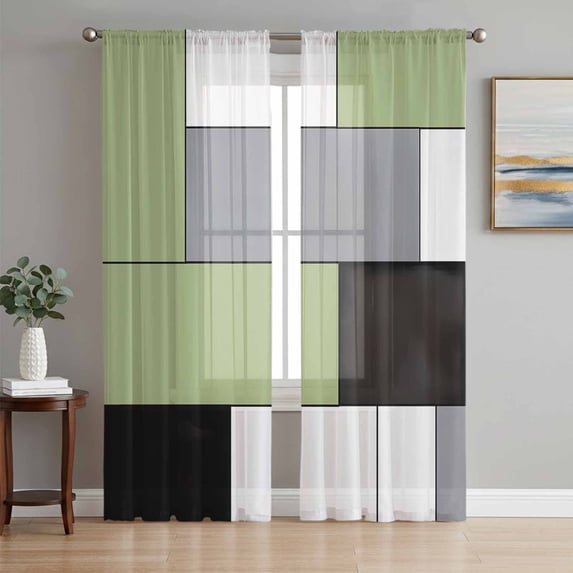 Sheer Curtains 84 Inches Long, Sage Green Black Grey Light Filtering Window Curtains for Living Room, Modern Irregular Geometric Abstract Rod Pocket Voile Sheer Curtain Drapes, 52"W x 84"L, 2 Panels