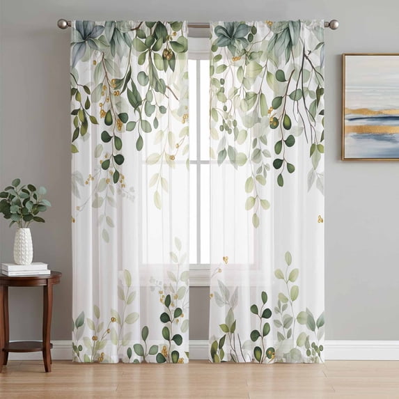 Sheer Curtains 84 Inches Long, Sage Green Eucalyptus Leaves Light Filtering Window Curtains for Living Room, Spring Botanical Floral Rod Pocket Voile Sheer Curtain Drapes, 52"W x 84"L, 2 Panels