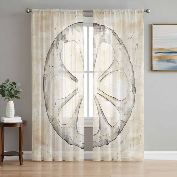 Sheer Curtains 84 Inches Long, Sand Dollar Coastal Light Filtering Window Curtains for Living Room/Bedroom, Summer Beach Beige Sea Rod Pocket Voile Sheer Curtain Drapes, 52"W x 84"L, 2 Panels
