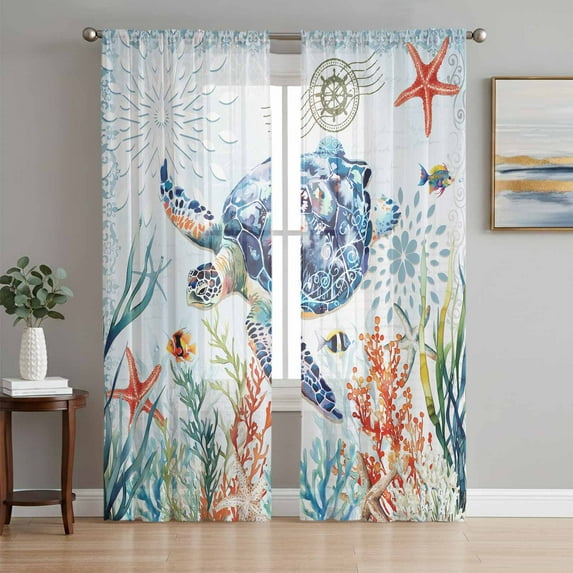 Sheer Curtains 84 Inches Long, Sea Turtle Coastal Light Filtering Window Curtains for Living Room, Summer Beach Coral Ocean Nautical Rod Pocket Voile Sheer Curtain Drapes, 52"W x 84"L, 2 Panels
