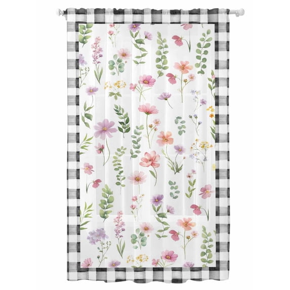 Sheer Curtains 84 Inches Long, Spring Floral Semi Sheer Curtains Light Filtering Window Treatment, Pink Flowers Black White Plaid Pastoral Privacy Voile Drapes for Living Room Bedroom 52x84 Inch