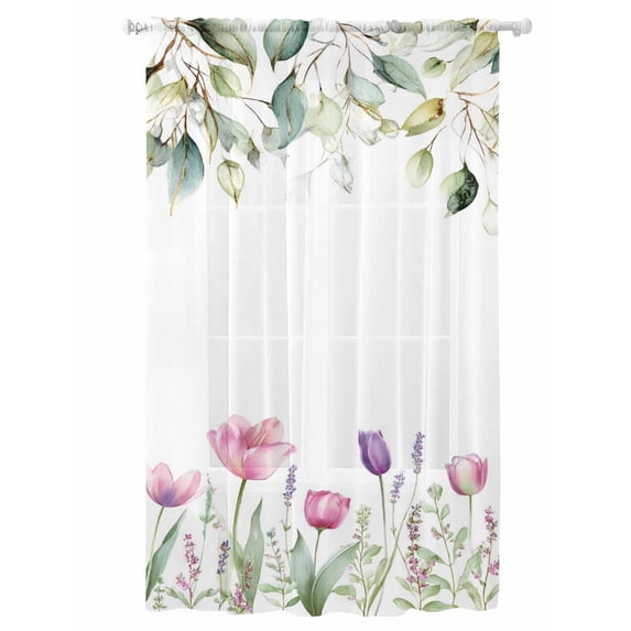 Sheer Curtains 84 Inches Long, Spring Flowers Semi Sheer Curtains Light Filtering Window Treatment, Botanical Tulips Eucalyptus Leaves Privacy Voile Drapes for Living Room Bedroom 52x84 Inch