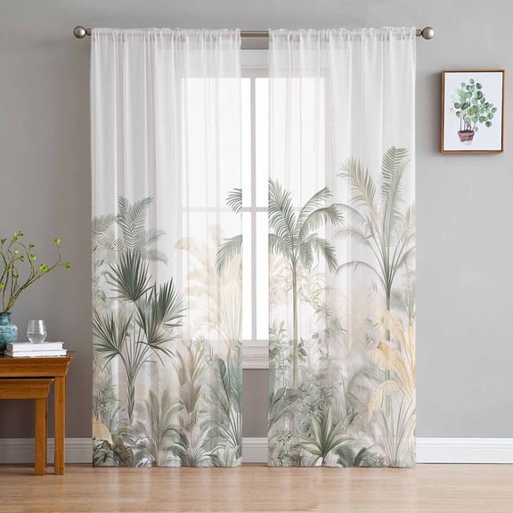 Sheer Curtains 84 Inches Long, Summer Botanical Tropical Light Filtering Window Curtains for Living Room/Bedroom, Green Yellow Palm Tree Rod Pocket Voile Sheer Curtain Drapes, 52"W x 84"L, 2 Panels