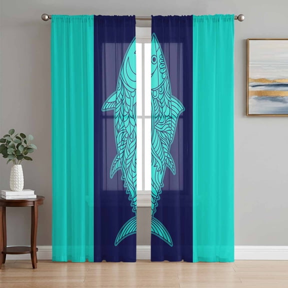 Sheer Curtains 84 Inches Long, Tropical Fish Light Filtering Window Curtains for Living Room, Mandalas Boho Modern Green Abstract Stripe Rod Pocket Voile Sheer Curtain Drapes, 52"W x 84"L, 2 Panels