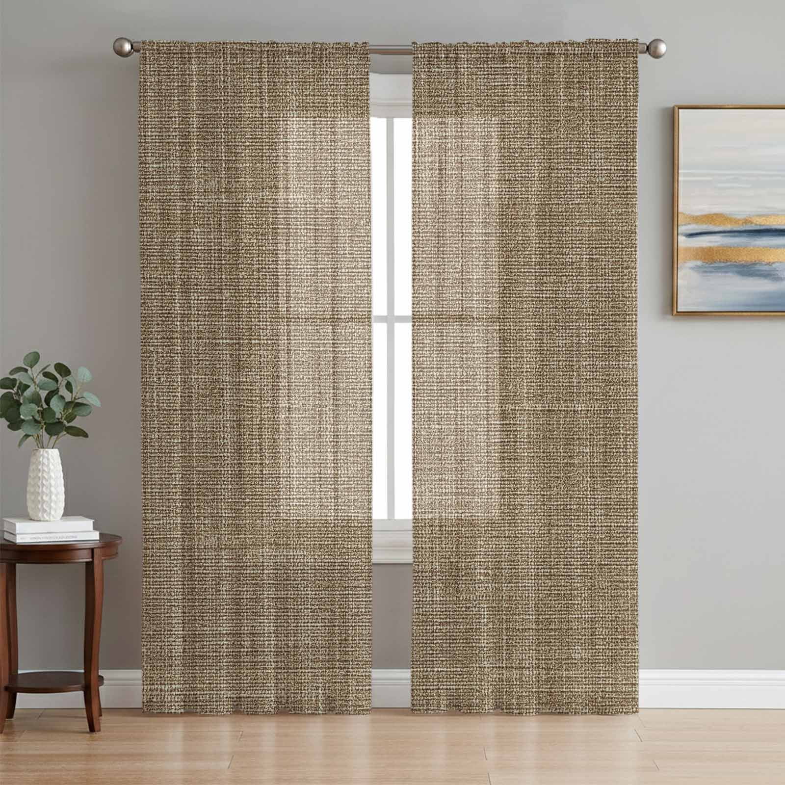 Sheer Curtains 84 Inches Long, Vintage Brown Light Filtering Window Curtains for Living Room, Farmhouse Retro Dark Solid Color Linen Texture Rod Pocket Voile Sheer Curtain Drapes, 52"Wx84"L, 2 Panels