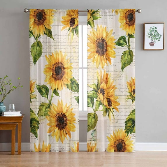 Sheer Curtains 84 Inches Long, Watercolor Letter Flowers Light Filtering Window Curtains for Living Room/Bedroom, Retro Sunflower Rod Pocket Voile Sheer Curtain Drapes, 52"W x 84"L, 2 Panels