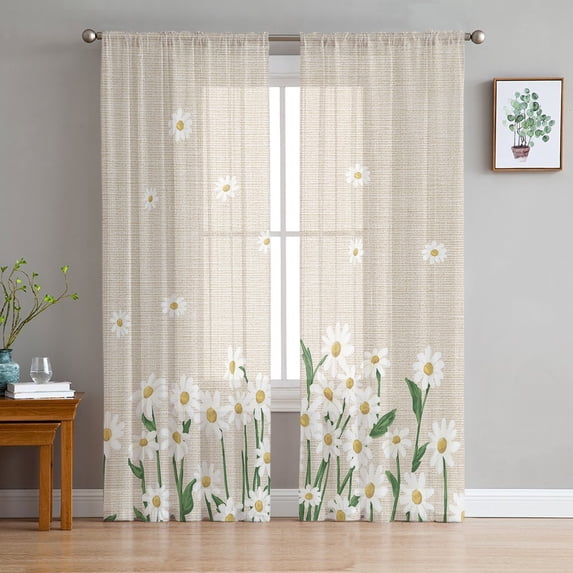 Sheer Curtains 84 Inches Long, White Daisy Farmhouse Linen Texture Light Filtering Window Curtains for Living Room/Bedroom, Spring Floral Rod Pocket Voile Sheer Curtain Drapes, 52"W x 84"L, 2 Panels