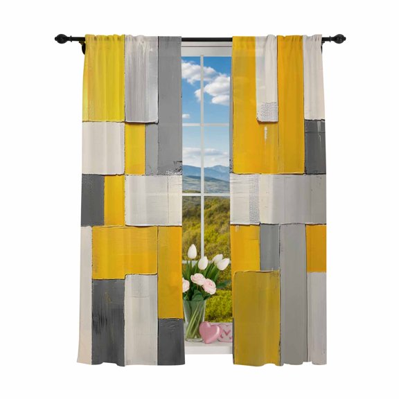 Sheer Curtains 84 inches Long 2 Panels Set Abstract Retro Light Filtering Sheer Drapes Rod Pocket Window Curtains for Living Room/Bedroom, Geometric Block Pattern Yellow Gray
