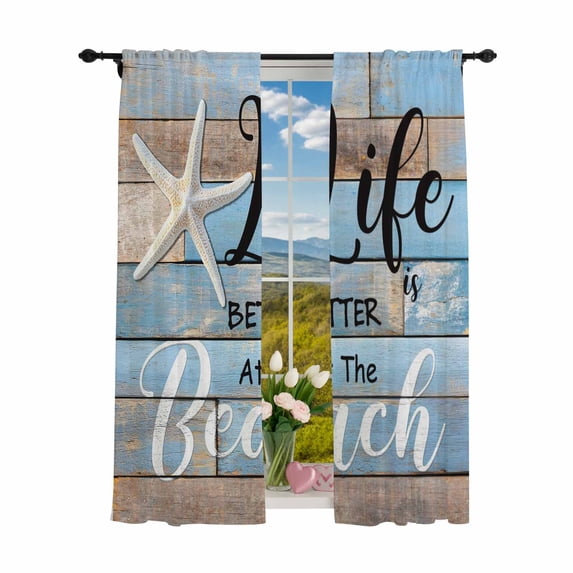 Sheer Curtains 84 inches Long 2 Panels Set Blue Coastal Nautical Light Filtering Sheer Drapes Rod Pocket Window Curtains for Living Room/Bedroom, Life Is Better at The Beach Farmhouse