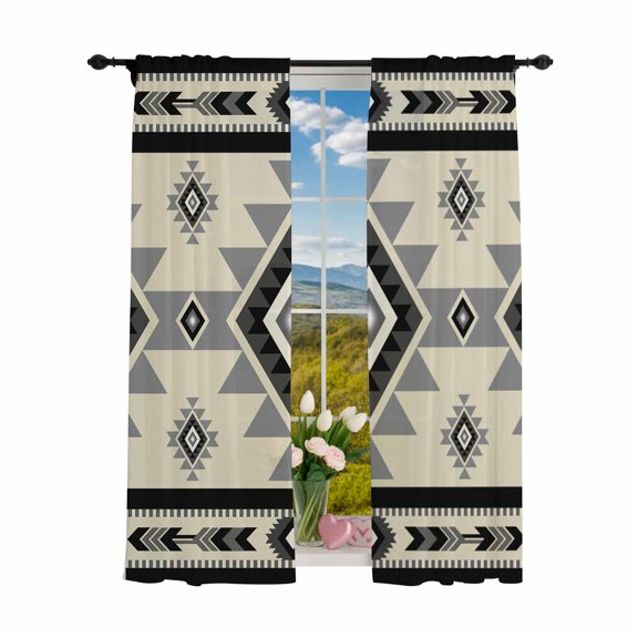 Sheer Curtains 84 inches Long 2 Panels Set Boho Southwest Light Filtering Sheer Drapes Rod Pocket Window Curtains for Living Room/Bedroom, Aztec Tribal Retro Geometric Patterns Gray