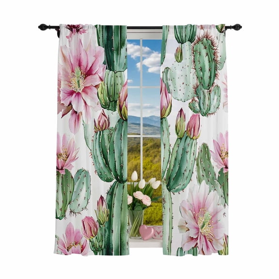 Sheer Curtains 84 inches Long 2 Panels Set Botanical Floral Light Filtering Sheer Drapes Rod Pocket Window Curtains for Living Room/Bedroom, Cactus Succulent Desert Green Pink