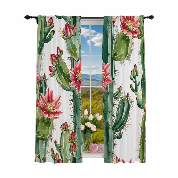 Sheer Curtains 84 inches Long 2 Panels Set Botanical Floral Light Filtering Sheer Drapes Rod Pocket Window Curtains for Living Room/Bedroom, Cactus Succulent Desert Green Red