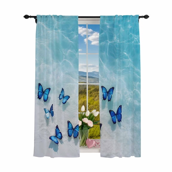 Sheer Curtains 84 inches Long 2 Panels Set Coastal Light Filtering Sheer Drapes Rod Pocket Window Curtains for Living Room/Bedroom, Ocean Butterfly Beach Aqua Dark Blue