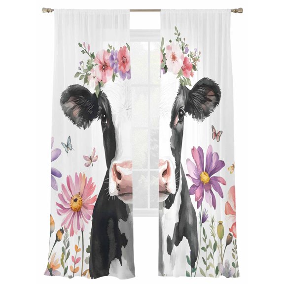 Sheer Curtains 84 inches Long 2 Panels Set Farmhouse Cattle with Flowers Butterfly Wildflowers Animal Sheer Window Curtain Rod Pocket Voile Drapes for Living Room/Bedroom, Each 52" W x 84" L