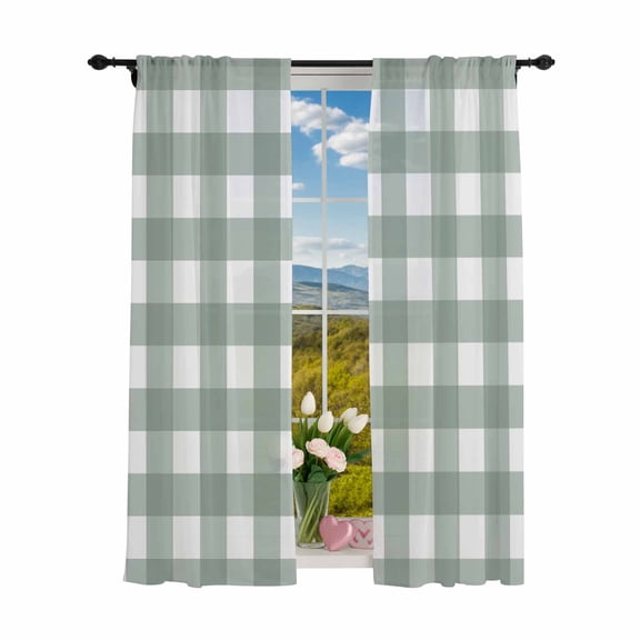 Sheer Curtains 84 inches Long 2 Panels Set Farmhouse Vintage Light Filtering Sheer Drapes Rod Pocket Window Curtains for Living Room/Bedroom, Gingham Checkered Texture Ash Gray