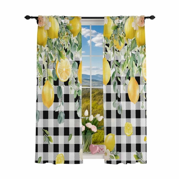 Sheer Curtains 84 inches Long 2 Panels Set Gingham Farmhouse Light Filtering Sheer Drapes Rod Pocket Window Curtains for Living Room/Bedroom, Lemon Black White Plaid Leaves Yellow Black