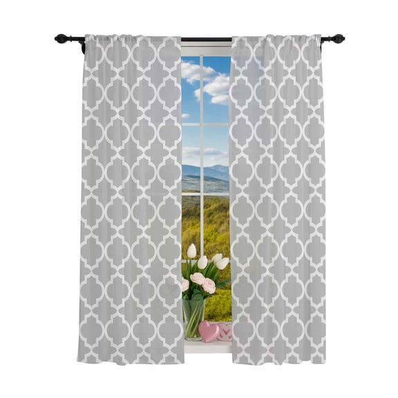 Sheer Curtains 84 inches Long 2 Panels Set Light Grey White Geometric Light Filtering Sheer Drapes Rod Pocket Window Curtains for Living Room/Bedroom, Minimalist Morocco Pattern
