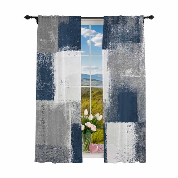 Sheer Curtains 84 inches Long 2 Panels Set Navy Grey Paint Textured Light Filtering Sheer Drapes Rod Pocket Window Curtains for Living Room/Bedroom, Abstract Rustic Blue Tones