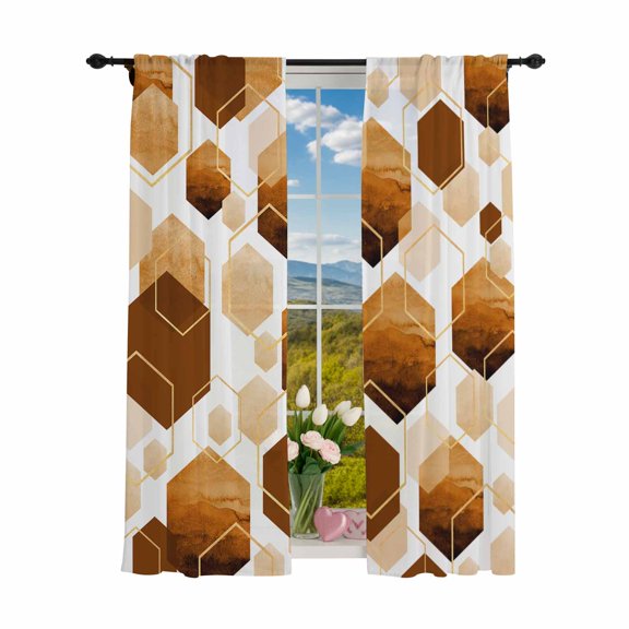 Sheer Curtains 84 inches Long 2 Panels Set Orange White Gold Geometric Light Filtering Sheer Drapes Rod Pocket Window Curtains for Living Room/Bedroom, Modern Abstract Hexagon Pattern