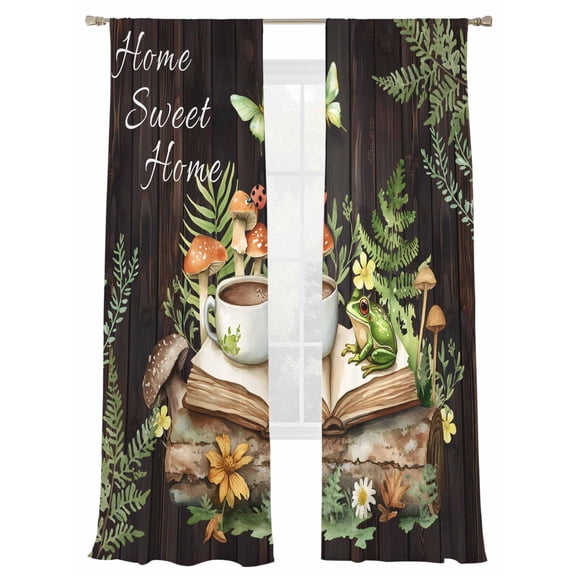 Sheer Curtains 84 inches Long 2 Panels Set Pastoral Plant Home Sweet Frog Butterfly Coffee Book Sheer Window Curtain Rod Pocket Voile Drapes for Living Room/Bedroom, Each 52" W x 84" L