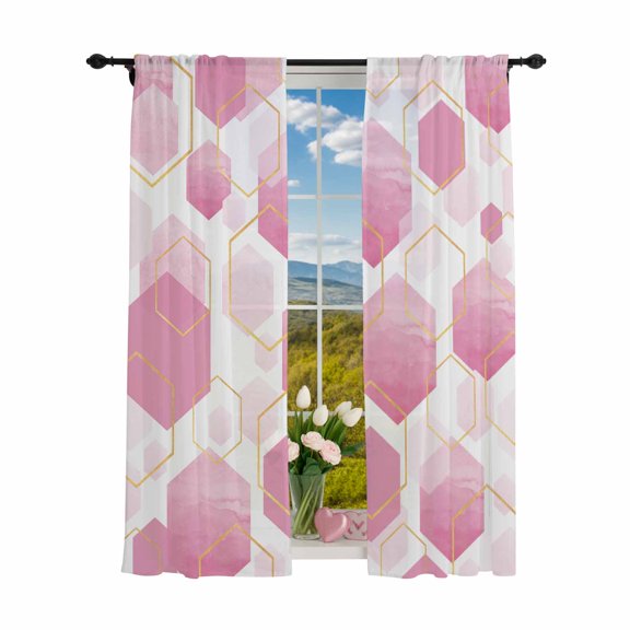 Sheer Curtains 84 inches Long 2 Panels Set Pink White Gold Geometric Light Filtering Sheer Drapes Rod Pocket Window Curtains for Living Room/Bedroom, Modern Abstract Hexagon Pattern