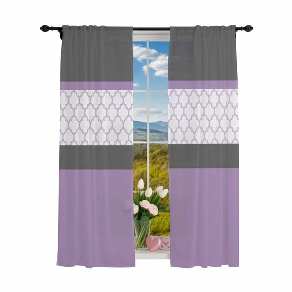 Sheer Curtains 84 inches Long 2 Panels Set Retro Morocco Striped Pattern Light Filtering Sheer Drapes Rod Pocket Window Curtains for Living Room/Bedroom, Lavender Purple