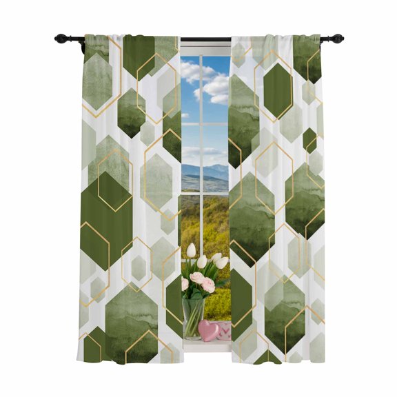 Sheer Curtains 84 inches Long 2 Panels Set Sage Green Gold Geometric Light Filtering Sheer Drapes Rod Pocket Window Curtains for Living Room/Bedroom, Modern Abstract Hexagon Pattern