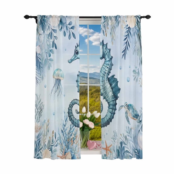 Sheer Curtains 84 inches Long 2 Panels Set Summer Ocean Light Filtering Sheer Drapes Rod Pocket Window Curtains for Living Room/Bedroom, Coastal Seahorse Coral Pattern Turquoise