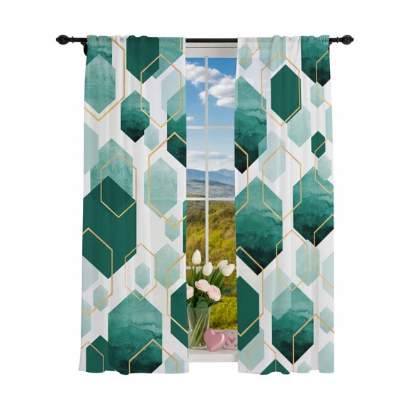 Sheer Curtains 84 inches Long 2 Panels Set Teal White Gold Geometric Light Filtering Sheer Drapes Rod Pocket Window Curtains for Living Room/Bedroom, Modern Abstract Hexagon Pattern
