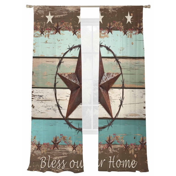 Sheer Curtains 84 inches Long 2 Panels Set Texas Star Bless Your Home Vintage Farm Star Wood Grain Sheer Window Curtain Rod Pocket Voile Drapes for Living Room/Bedroom, Each 52" W x 84" L