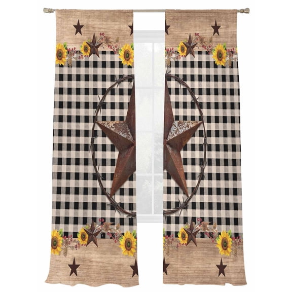 Sheer Curtains 84 inches Long 2 Panels Set Texas Star Country Star Sunflower Vintage Plaid Wood Grain Sheer Window Curtain Rod Pocket Voile Drapes for Living Room/Bedroom, Each 52" W x 84" L