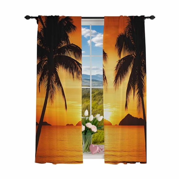 Sheer Curtains 84 inches Long 2 Panels Set Tropical Light Filtering Sheer Drapes Rod Pocket Window Curtains for Living Room/Bedroom, Coconut Beach Sunset Orange Gold Yellow