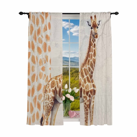 Sheer Curtains 84 inches Long 2 Panels Set Vintage Watercolor Light Filtering Sheer Drapes Rod Pocket Window Curtains for Living Room/Bedroom, Giraffe Texture Brown