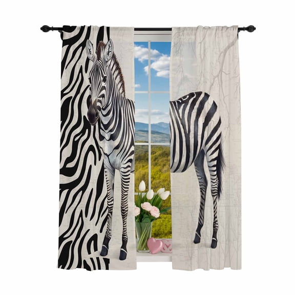 Sheer Curtains 84 inches Long 2 Panels Set Vintage Watercolor Light Filtering Sheer Drapes Rod Pocket Window Curtains for Living Room/Bedroom, Zebra Pattern Texture Black White