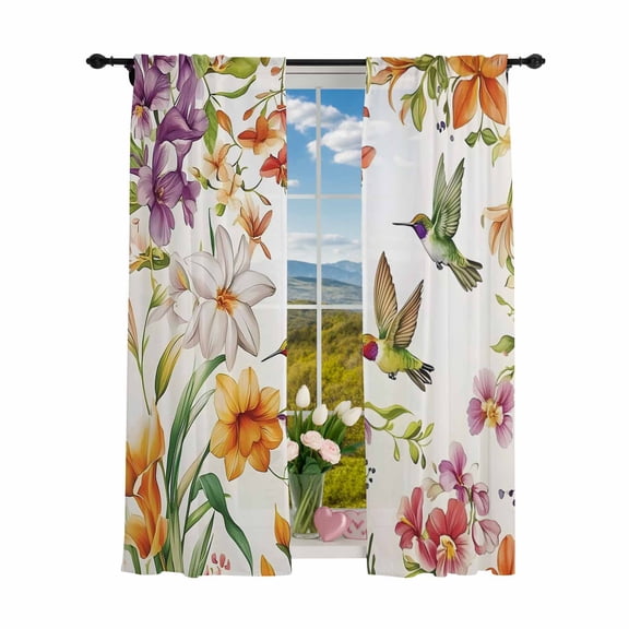 Sheer Curtains 84 inches Long 2 Panels Set Watercolor Hummingbird Flowers Light Filtering Sheer Drapes Rod Pocket Window Curtains for Living Room/Bedroom, Retro Floral Leaf