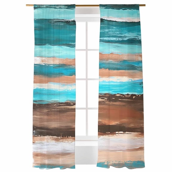 Sheer Curtains 84 inches Long, Abstract Turquoise Brown Gradient Vintage Wood Grain Light Filtering Sheer Window Curtains Rod Pocket Voile Drapes for Bedroom Living Room, 52"W x 84"L 2 Panels