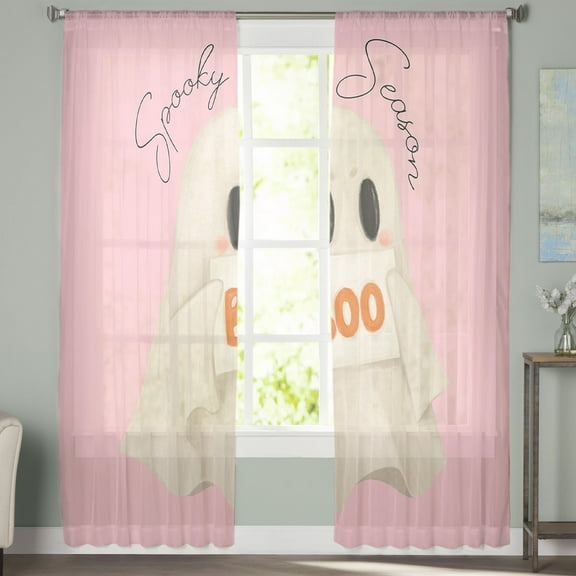 Sheer Curtains 84 inches Long, BOO Halloween Cute Ghost Pink Light Filtering Sheer Window Curtains Rod Pocket Voile Drapes for Bedroom Living Room, 52"W x 84"L 2 Panels