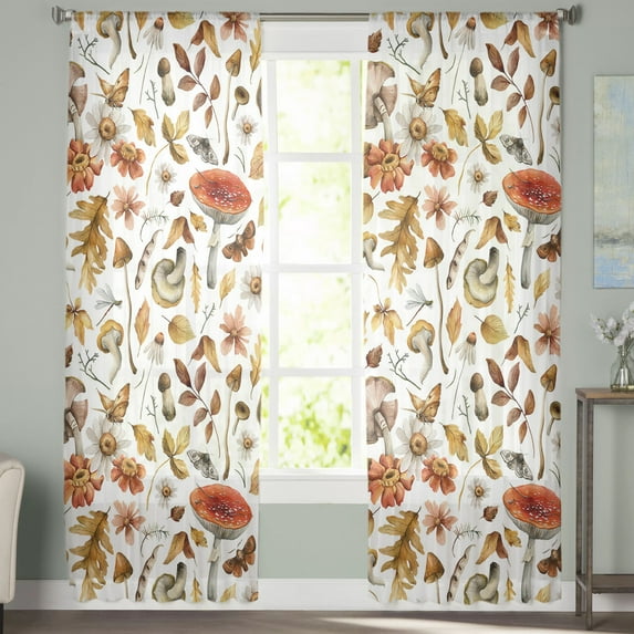 Sheer Curtains 84 inches Long, Fall Thanksgiving Mushroom Retro Rustic Floral Botanical Leaves Light Filtering Sheer Window Curtains Rod Pocket Voile Drapes for Living Room, 52"Wx84"L 2 Panels