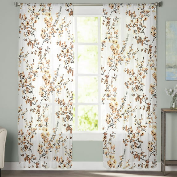 Sheer Curtains 84 inches Long, Floral Watercolor Style Khaki Flower Bud Leaves Light Filtering Sheer Window Curtains Rod Pocket Voile Drapes for Bedroom Living Room, 52"W x 84"L 2 Panels