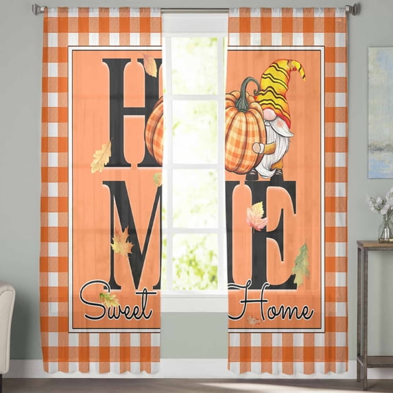 Sheer Curtains 84 inches Long, Gnome Pumpkin Orange White Checkered Edge Light Filtering Sheer Window Curtains Rod Pocket Voile Drapes for Bedroom Living Room, 52"W x 84"L 2 Panels