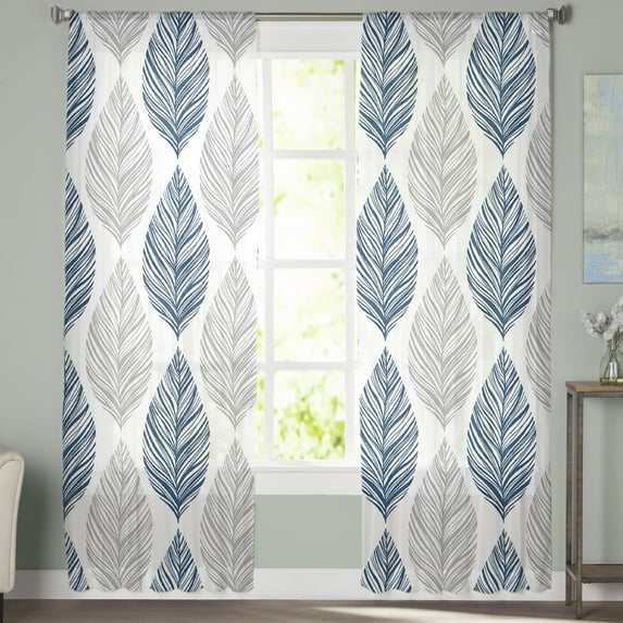 Sheer Curtains 84 inches Long, Grey and Navy Blue Olive Leaf Texture Watercolor Hand Drawn Sheer Window Curtains Rod Pocket Voile Drapes for Bedroom Living Room, 52"W x 84"L 2 Panels