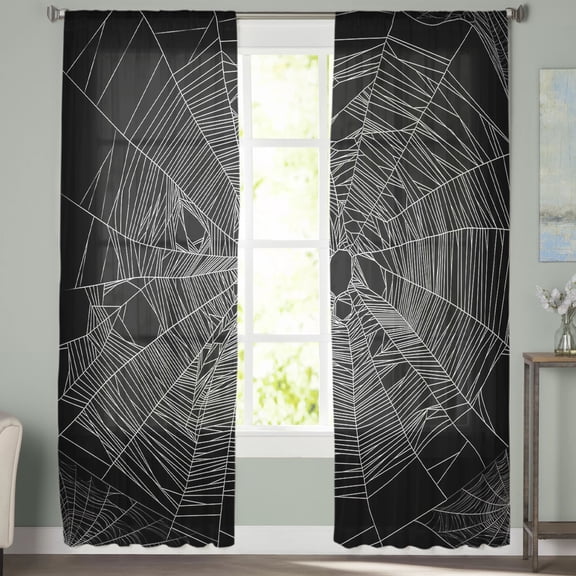 Sheer Curtains 84 inches Long, Halloween Black Web Light Filtering Sheer Window Curtains Rod Pocket Voile Drapes for Bedroom Living Room, 52"W x 84"L 2 Panels