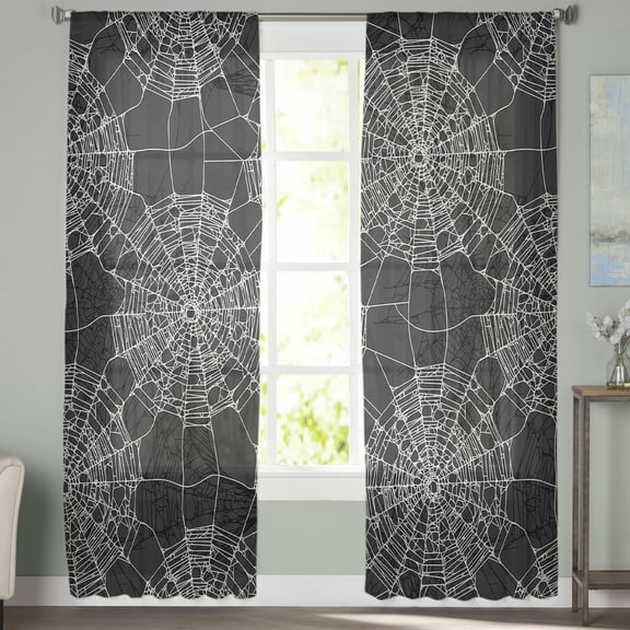 Sheer Curtains 84 inches Long, Halloween Evil Spider Web Light Filtering Sheer Window Curtains Rod Pocket Voile Drapes for Bedroom Living Room, 52"W x 84"L 2 Panels