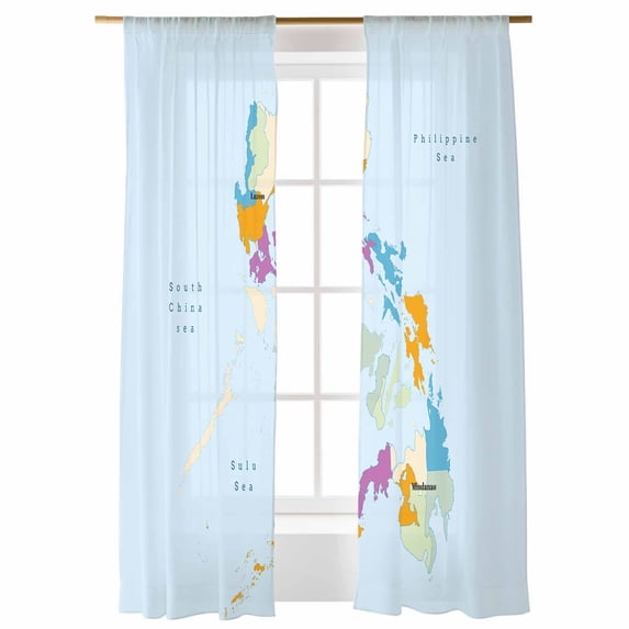 Sheer Curtains 84 inches Long, Modern Map Blue Sea Simplize Colorful Plate Light Filtering Sheer Window Curtains Rod Pocket Voile Drapes for Bedroom Living Room, 52"W x 84"L 2 Panels