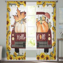 Sheer Curtains 84 inches Long, Red Car with Pumpkin Yellow Sunflower Border Light Filtering Sheer Window Curtains Rod Pocket Voile Drapes for Bedroom Living Room, 52"W x 84"L 2 Panels